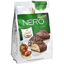 Happy Nero s lískooříškovou náplní, zalité mléčnou čokoládou s čokoládovými vločkami