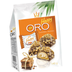 Happy Oro s karamelovou náplní, zalité mléčnou čokoládou s karamelovými vločkami
